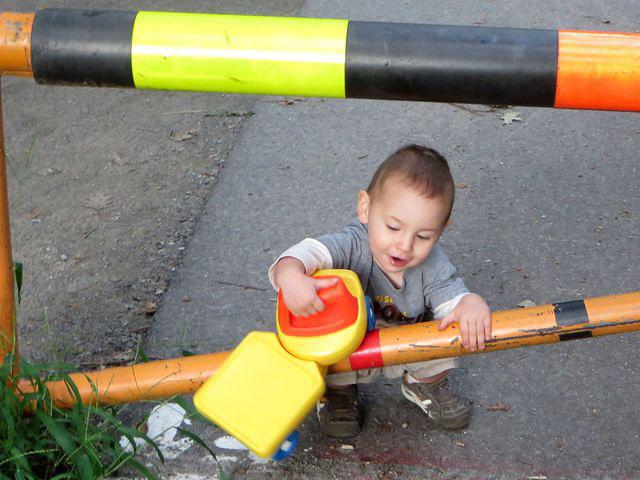 Driving his truck on the trail gate