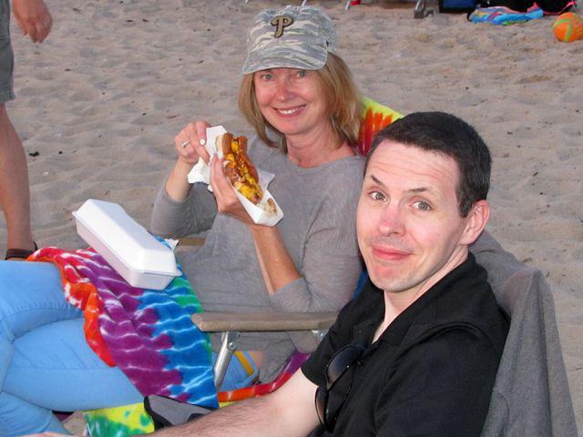 Laurie showing off her foot long chili cheese dog