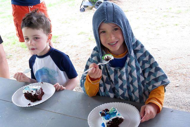 Thomas and Clark Chowing Down on Cake