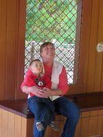 Looking up at the Rube Goldberg-like contraption