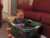 Pillow and Duplo fun in a basket
