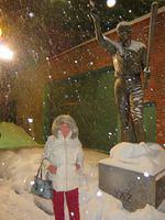 Yaz pointing out the snow to Jan